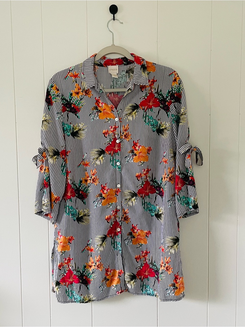 Chico's Black White Striped Button-Down Shirt with Red Orange Teal Floral Print